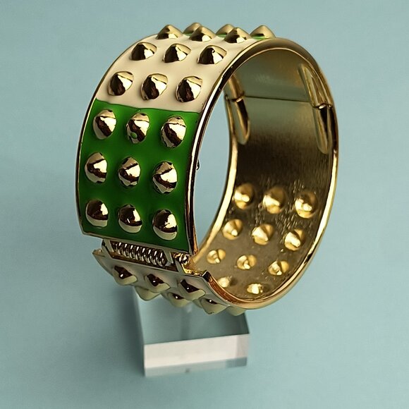Statement Chunky Spiked Enamel Hinged Bangle Bracelet Bright Green Crean… - Picture 1 of 8